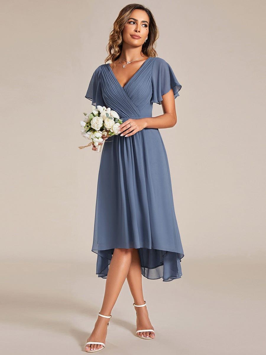 FAYE|Pleated Asymmetrical Hem Ruffles Sleeve Chiffon Bridesmaid Dress