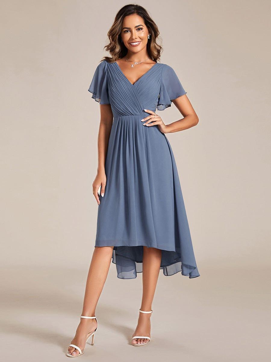 FAYE|Pleated Asymmetrical Hem Ruffles Sleeve Chiffon Bridesmaid Dress