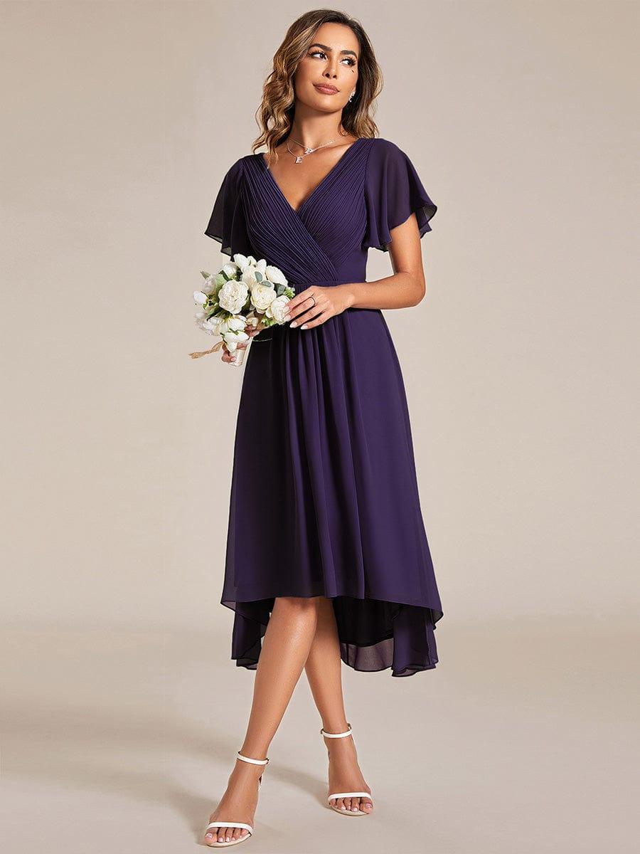 FAYE|Pleated Asymmetrical Hem Ruffles Sleeve Chiffon Bridesmaid Dress