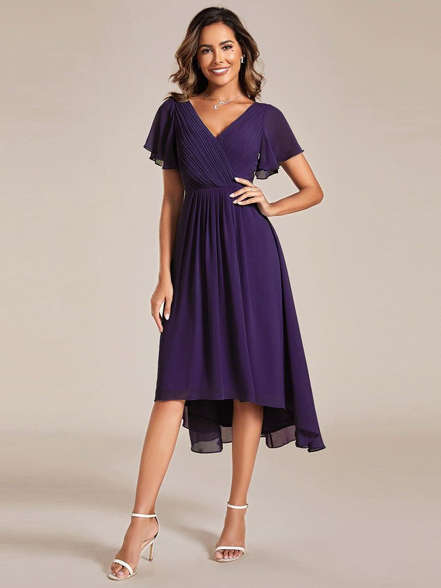 FAYE|Pleated Asymmetrical Hem Ruffles Sleeve Chiffon Bridesmaid Dress