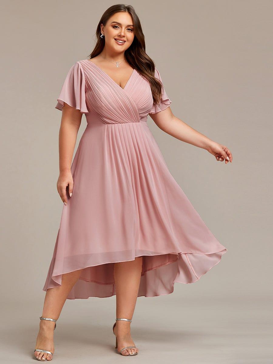 FAYE|Pleated Asymmetrical Hem Ruffles Sleeve Chiffon Bridesmaid Dress