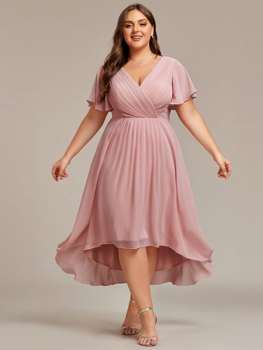 FAYE|Pleated Asymmetrical Hem Ruffles Sleeve Chiffon Bridesmaid Dress