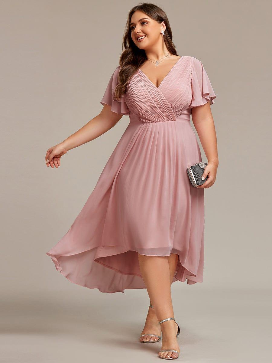 FAYE|Pleated Asymmetrical Hem Ruffles Sleeve Chiffon Bridesmaid Dress