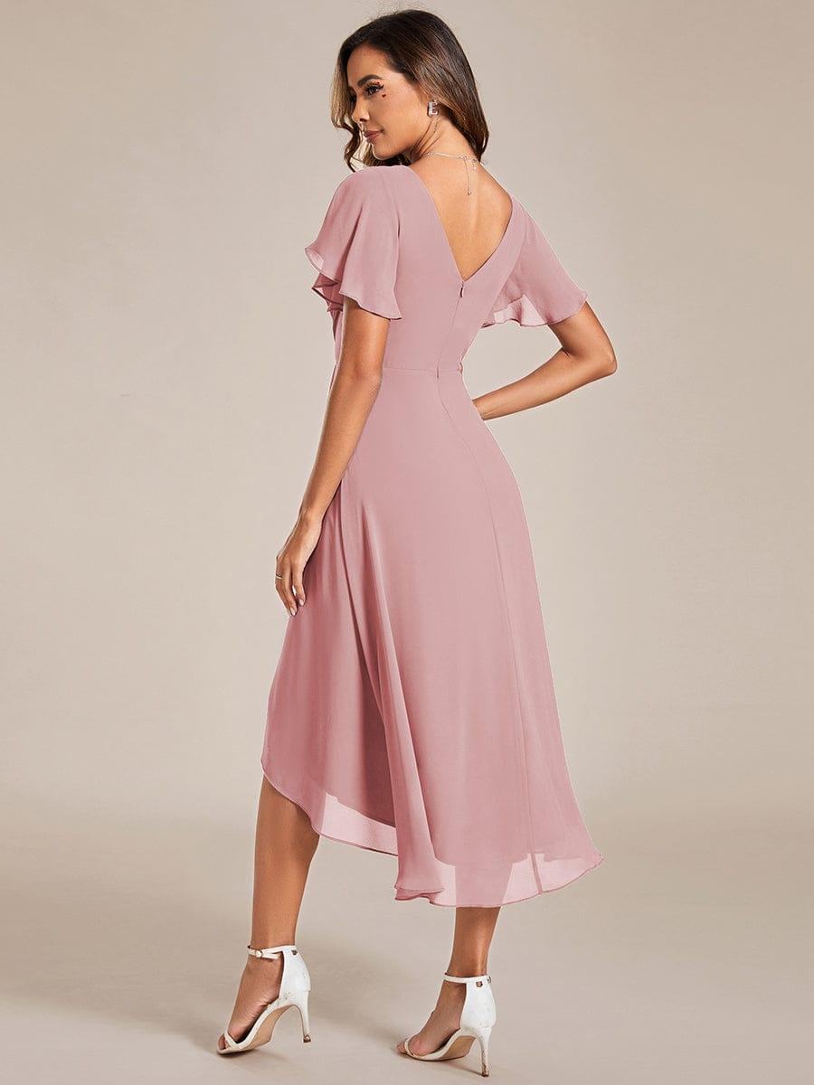 FAYE|Pleated Asymmetrical Hem Ruffles Sleeve Chiffon Bridesmaid Dress