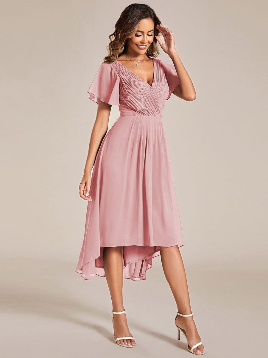 FAYE|Pleated Asymmetrical Hem Ruffles Sleeve Chiffon Bridesmaid Dress