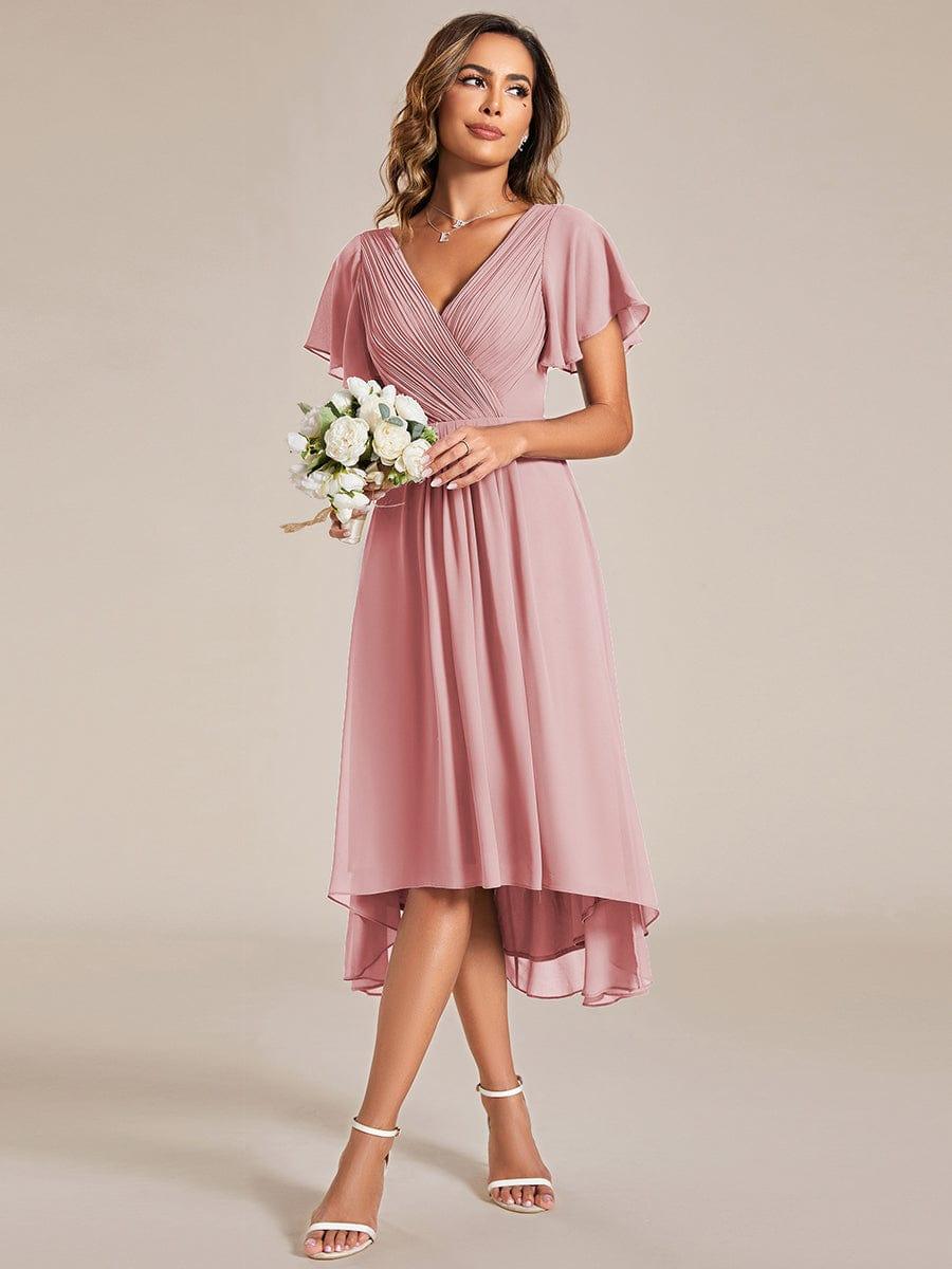 FAYE|Pleated Asymmetrical Hem Ruffles Sleeve Chiffon Bridesmaid Dress