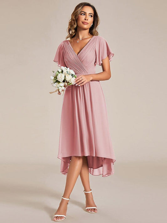 FAYE|Pleated Asymmetrical Hem Ruffles Sleeve Chiffon Bridesmaid Dress
