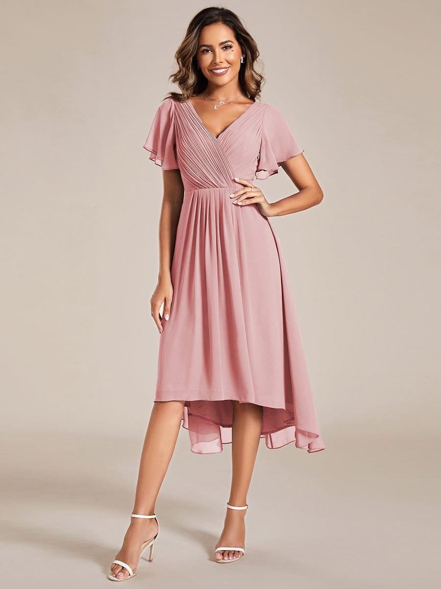 FAYE|Pleated Asymmetrical Hem Ruffles Sleeve Chiffon Bridesmaid Dress