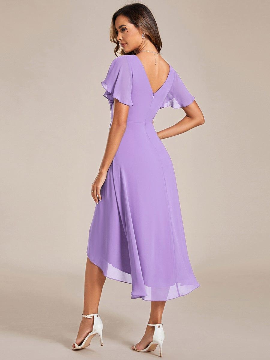 FAYE|Pleated Asymmetrical Hem Ruffles Sleeve Chiffon Bridesmaid Dress