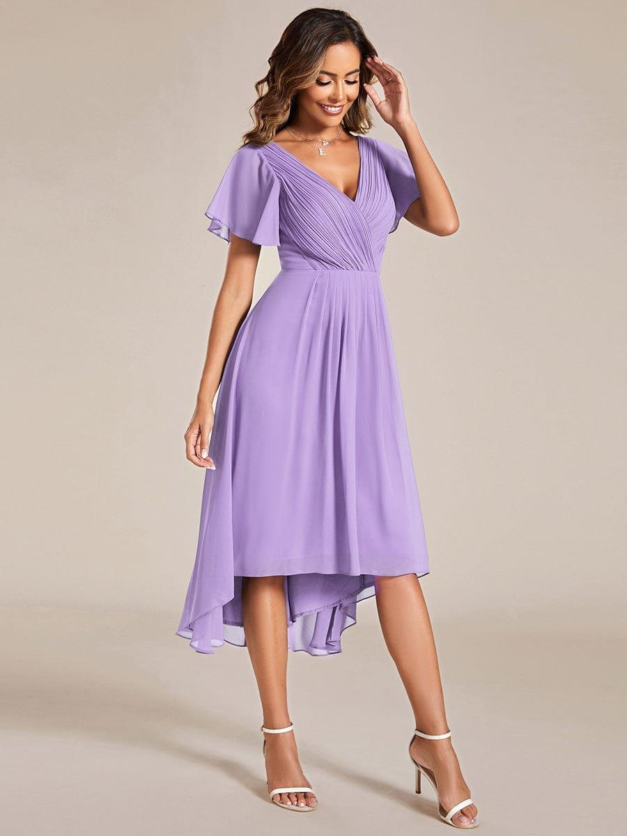 FAYE|Pleated Asymmetrical Hem Ruffles Sleeve Chiffon Bridesmaid Dress