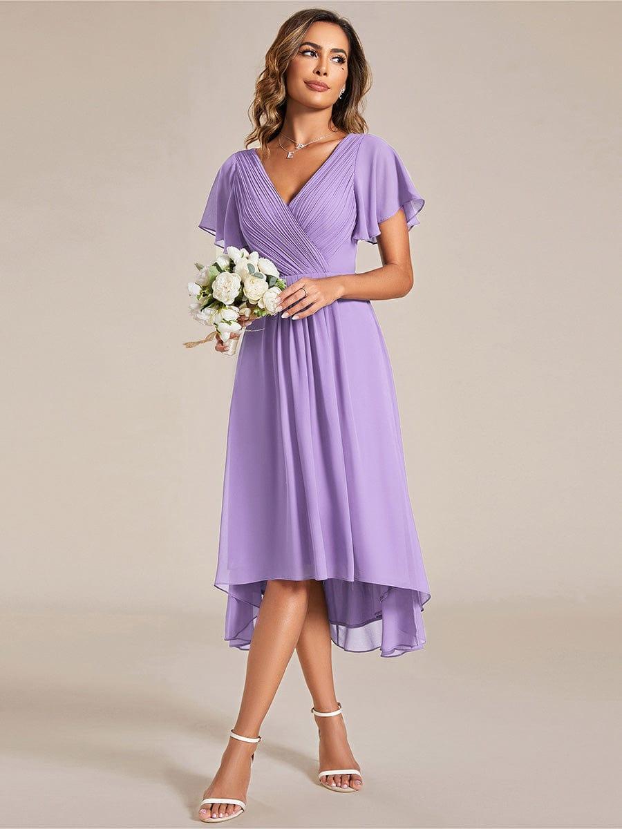 FAYE|Pleated Asymmetrical Hem Ruffles Sleeve Chiffon Bridesmaid Dress