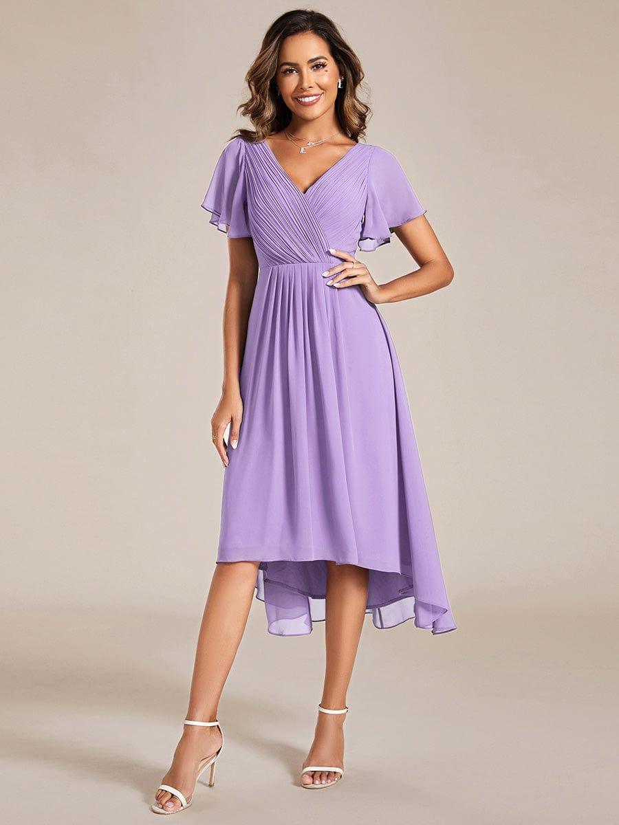 FAYE|Pleated Asymmetrical Hem Ruffles Sleeve Chiffon Bridesmaid Dress