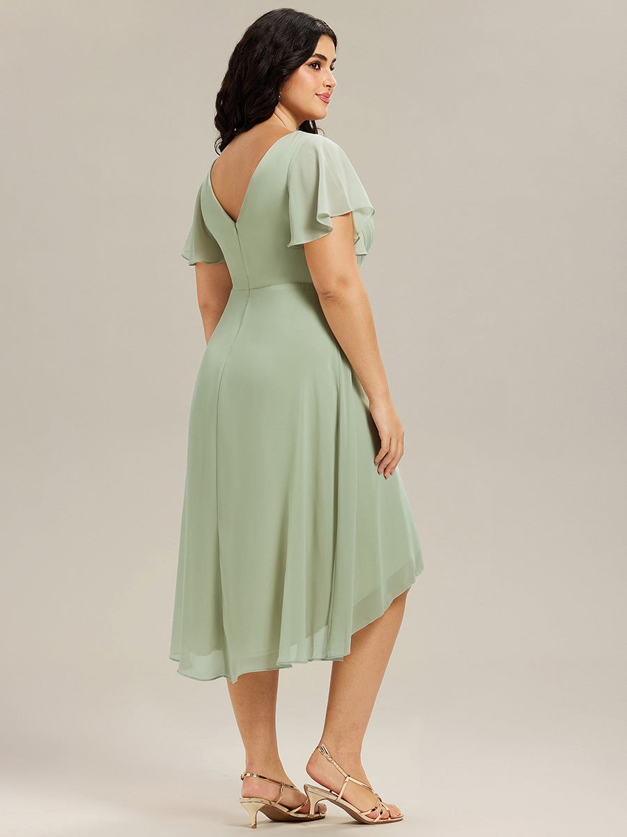 FAYE|Pleated Asymmetrical Hem Ruffles Sleeve Chiffon Bridesmaid Dress