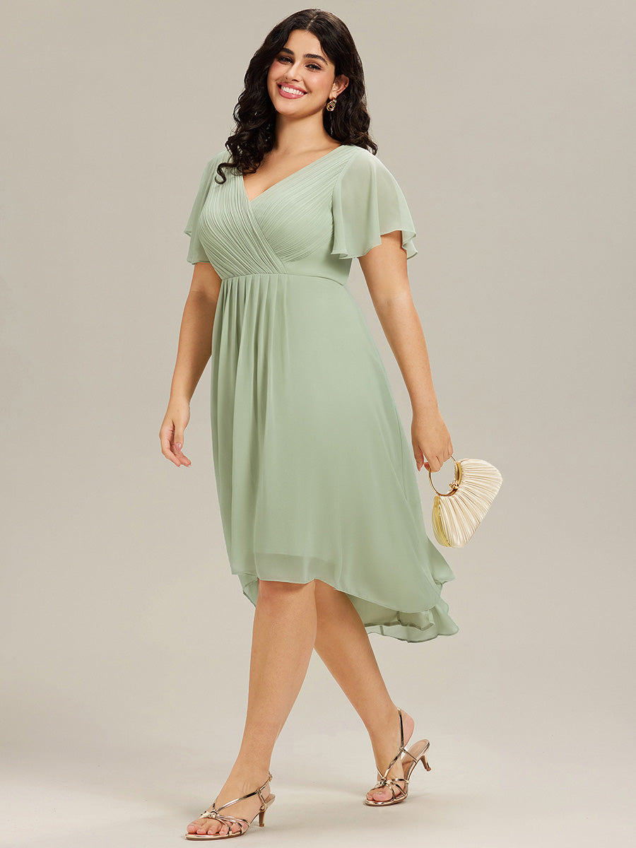 FAYE|Pleated Asymmetrical Hem Ruffles Sleeve Chiffon Bridesmaid Dress