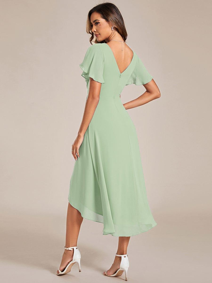 FAYE|Pleated Asymmetrical Hem Ruffles Sleeve Chiffon Bridesmaid Dress