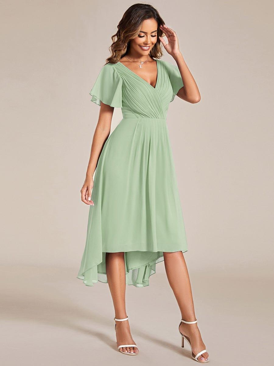 FAYE|Pleated Asymmetrical Hem Ruffles Sleeve Chiffon Bridesmaid Dress