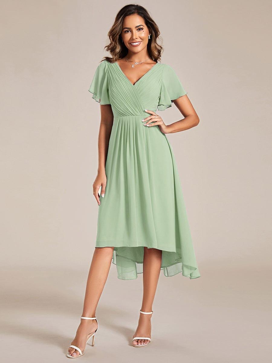 FAYE|Pleated Asymmetrical Hem Ruffles Sleeve Chiffon Bridesmaid Dress