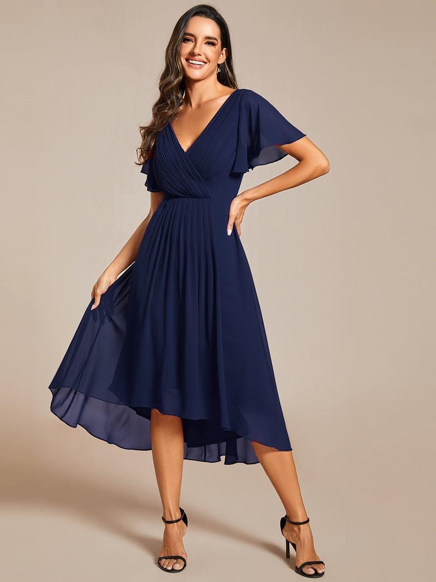 FAYE|Pleated Asymmetrical Hem Ruffles Sleeve Chiffon Bridesmaid Dress