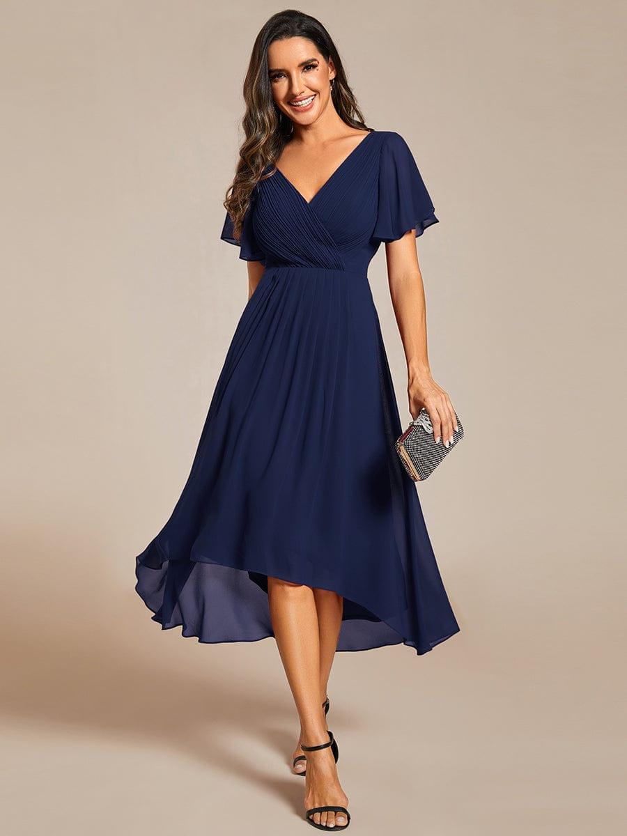 FAYE|Pleated Asymmetrical Hem Ruffles Sleeve Chiffon Bridesmaid Dress