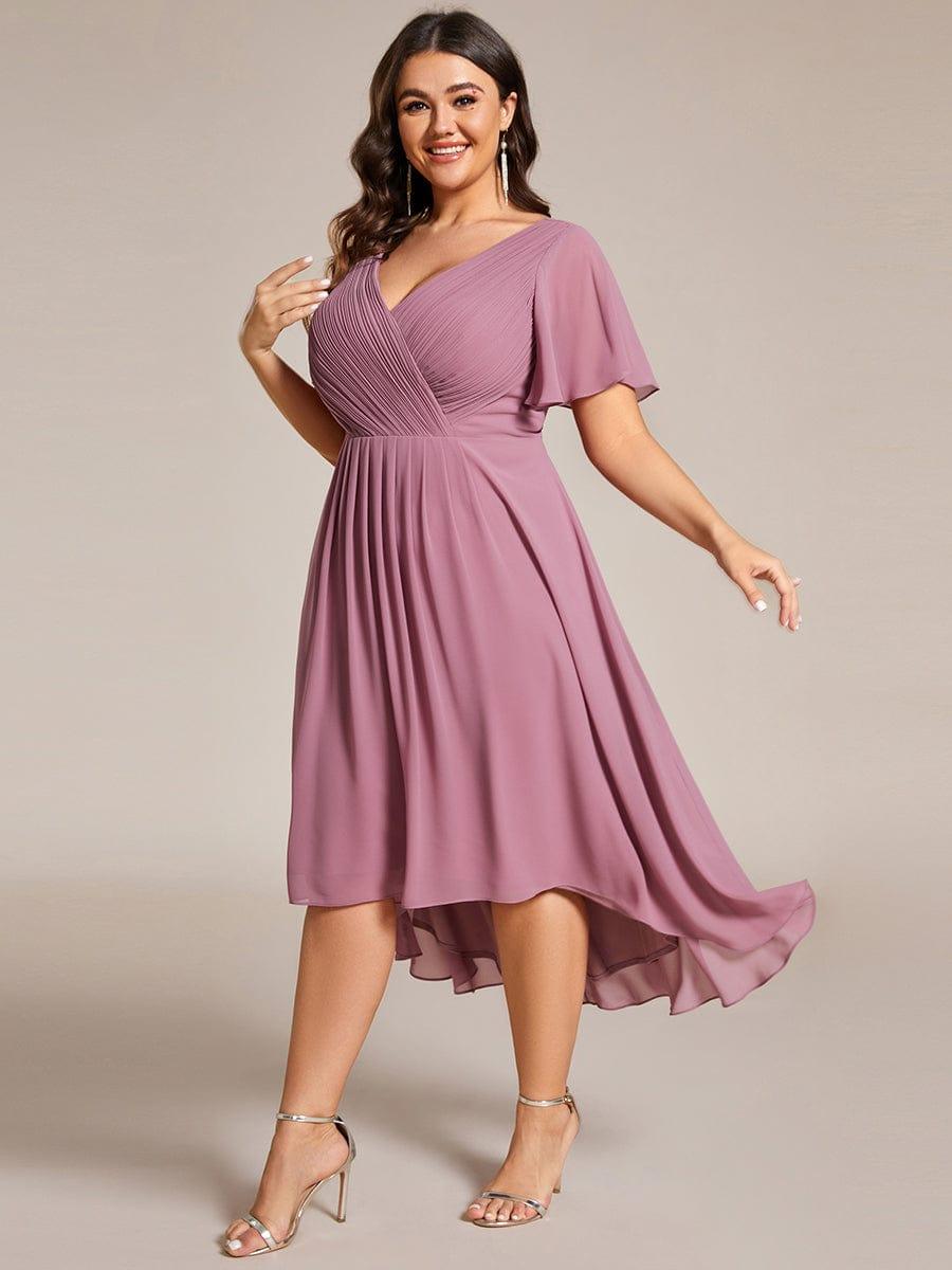 FAYE|Pleated Asymmetrical Hem Ruffles Sleeve Chiffon Bridesmaid Dress