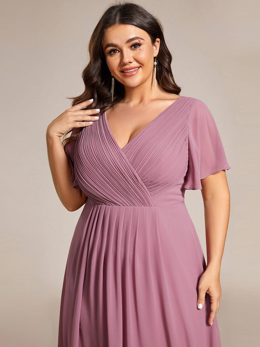 FAYE|Pleated Asymmetrical Hem Ruffles Sleeve Chiffon Bridesmaid Dress