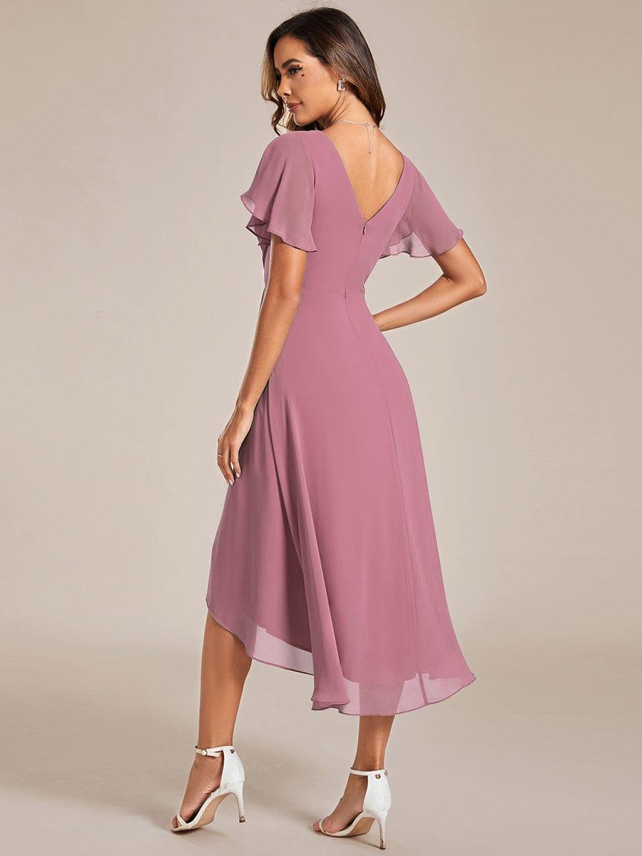 FAYE|Pleated Asymmetrical Hem Ruffles Sleeve Chiffon Bridesmaid Dress