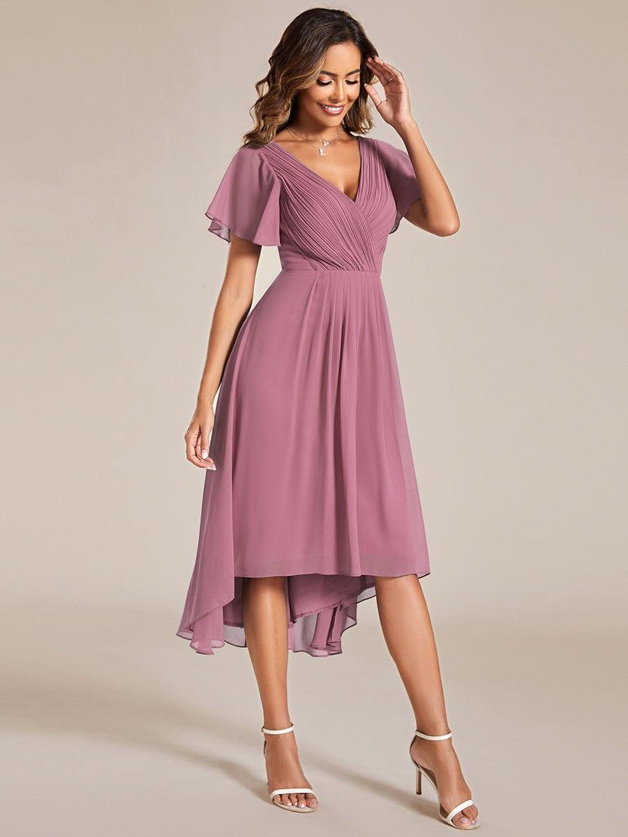 FAYE|Pleated Asymmetrical Hem Ruffles Sleeve Chiffon Bridesmaid Dress