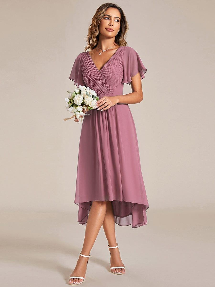 FAYE|Pleated Asymmetrical Hem Ruffles Sleeve Chiffon Bridesmaid Dress