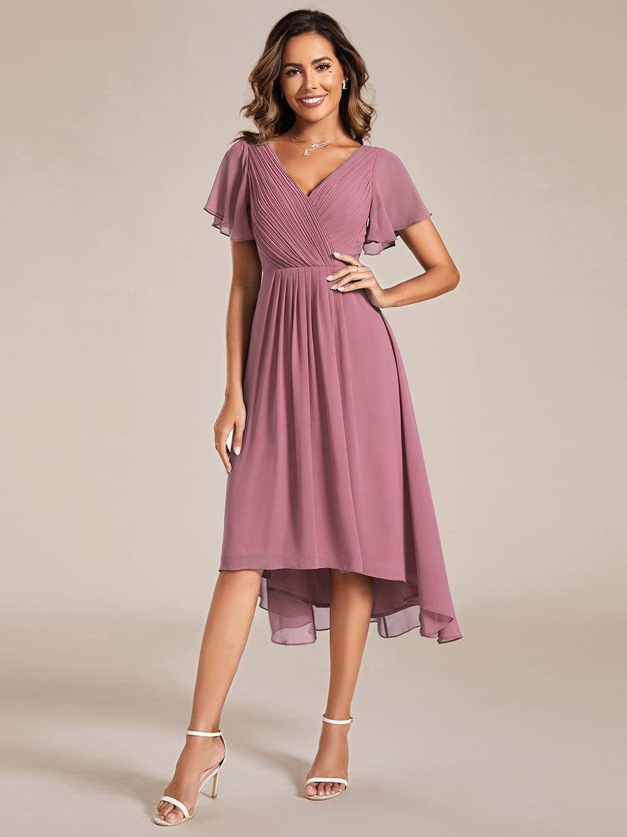 FAYE|Pleated Asymmetrical Hem Ruffles Sleeve Chiffon Bridesmaid Dress