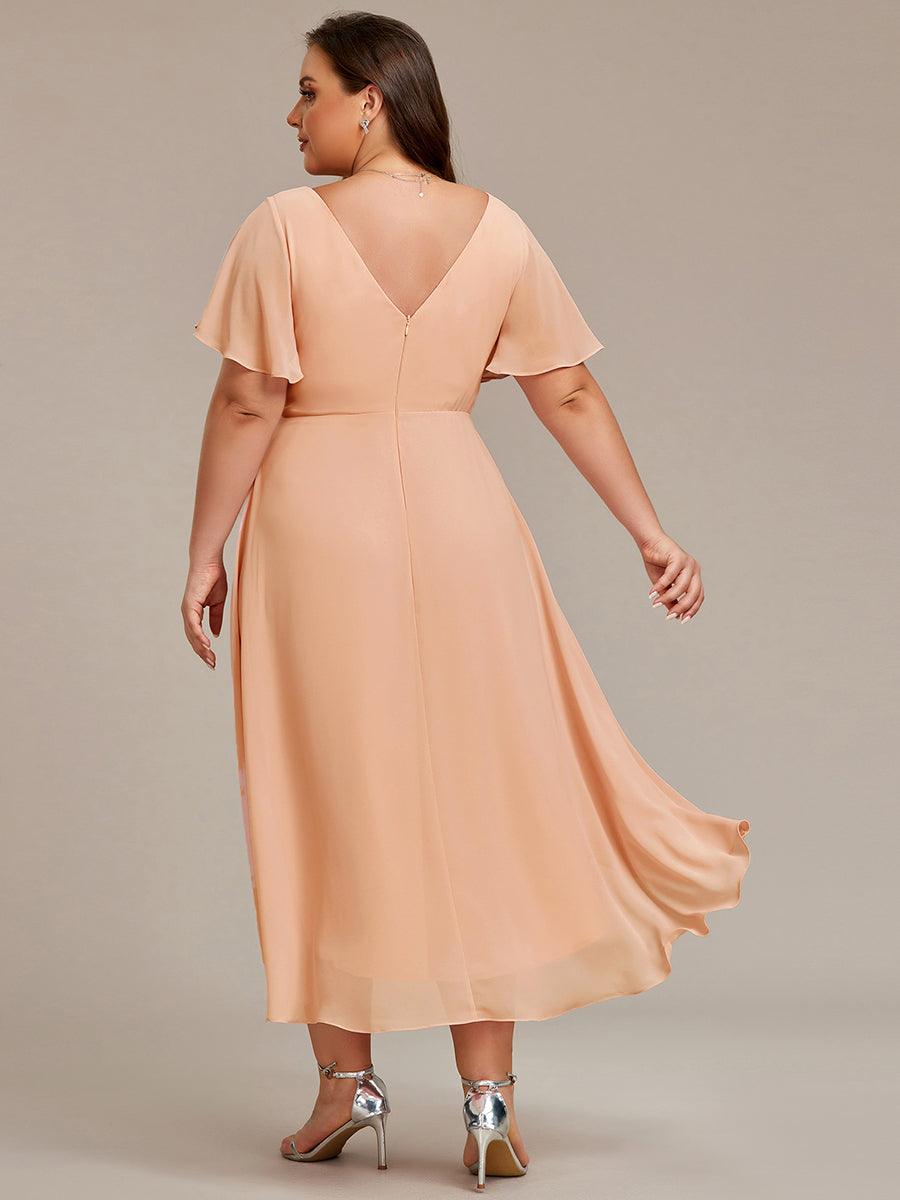 FAYE|Pleated Asymmetrical Hem Ruffles Sleeve Chiffon Bridesmaid Dress
