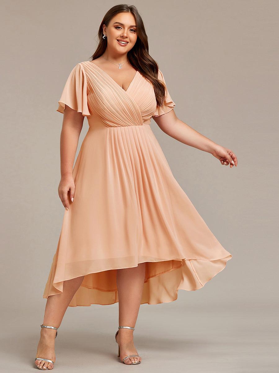 FAYE|Pleated Asymmetrical Hem Ruffles Sleeve Chiffon Bridesmaid Dress