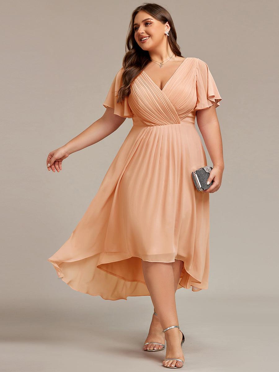 FAYE|Pleated Asymmetrical Hem Ruffles Sleeve Chiffon Bridesmaid Dress