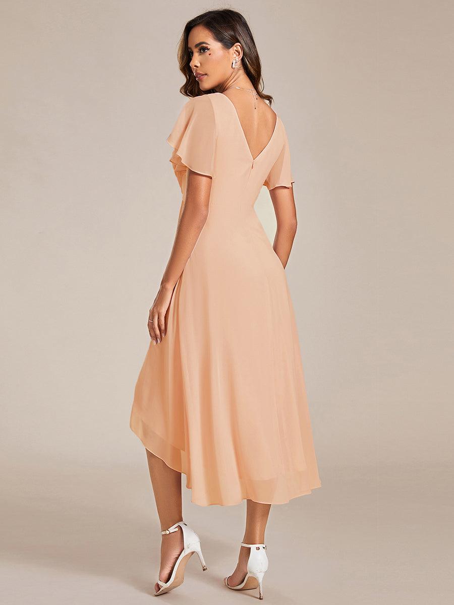 FAYE|Pleated Asymmetrical Hem Ruffles Sleeve Chiffon Bridesmaid Dress