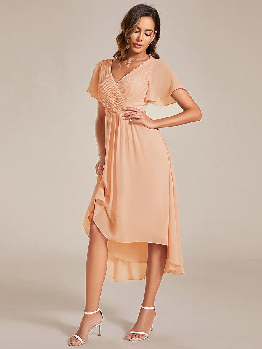 FAYE|Pleated Asymmetrical Hem Ruffles Sleeve Chiffon Bridesmaid Dress