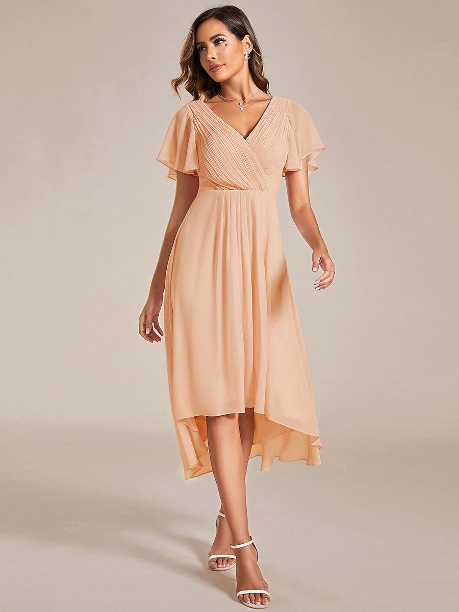 FAYE|Pleated Asymmetrical Hem Ruffles Sleeve Chiffon Bridesmaid Dress