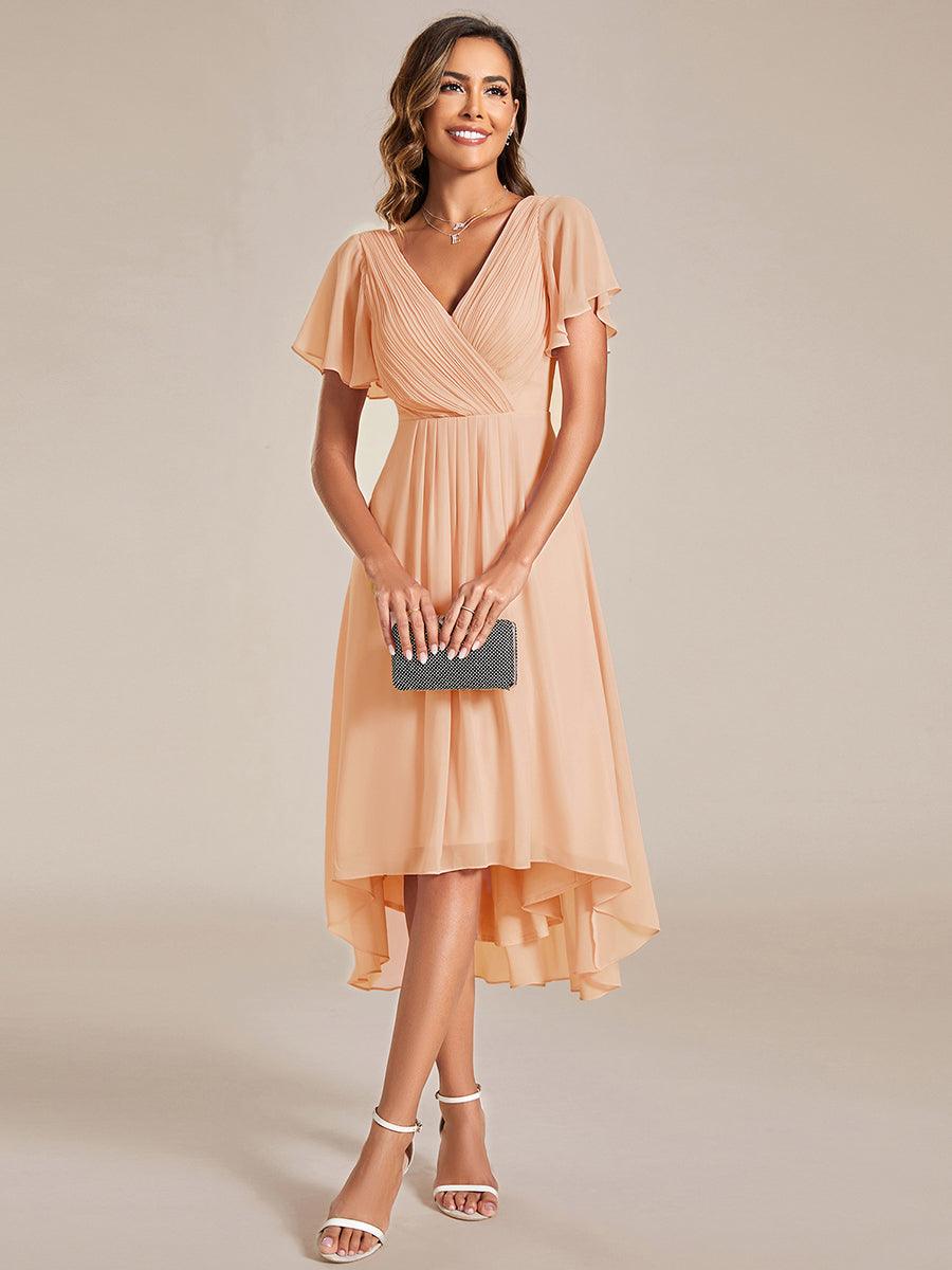 FAYE|Pleated Asymmetrical Hem Ruffles Sleeve Chiffon Bridesmaid Dress