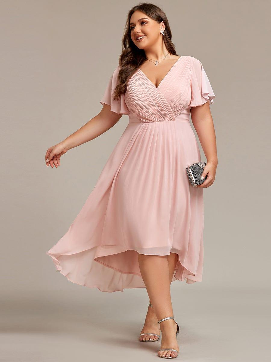 FAYE|Pleated Asymmetrical Hem Ruffles Sleeve Chiffon Bridesmaid Dress
