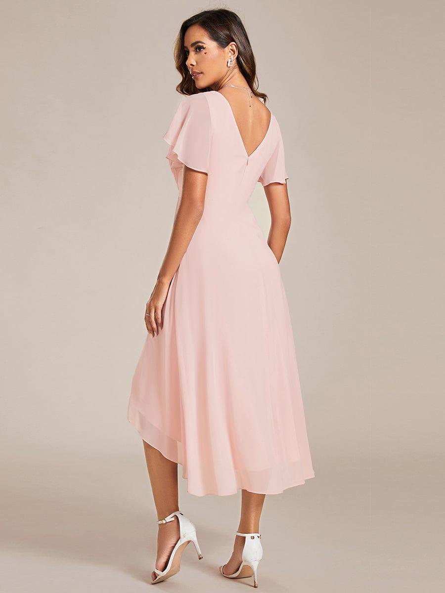 FAYE|Pleated Asymmetrical Hem Ruffles Sleeve Chiffon Bridesmaid Dress