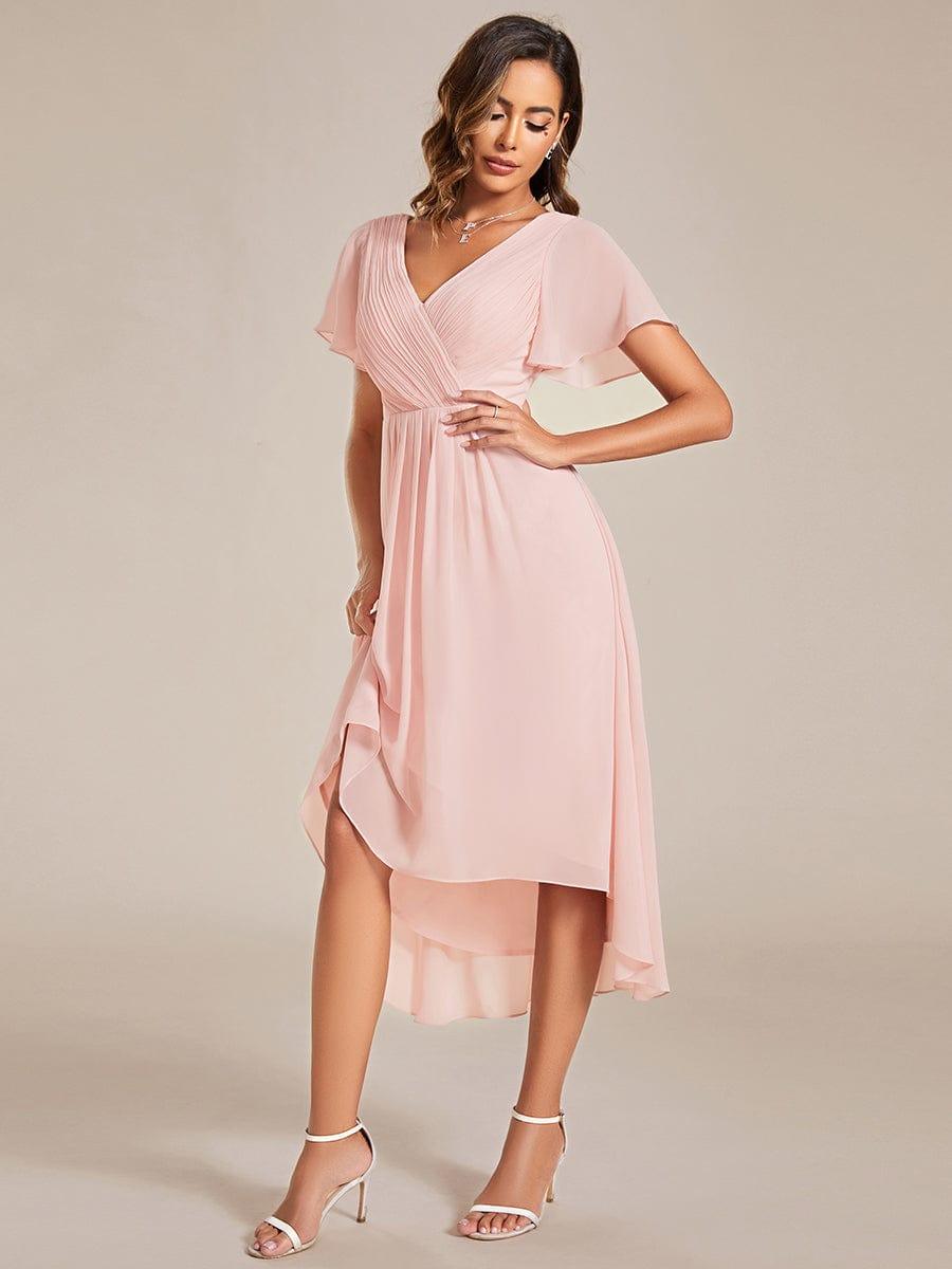 FAYE|Pleated Asymmetrical Hem Ruffles Sleeve Chiffon Bridesmaid Dress