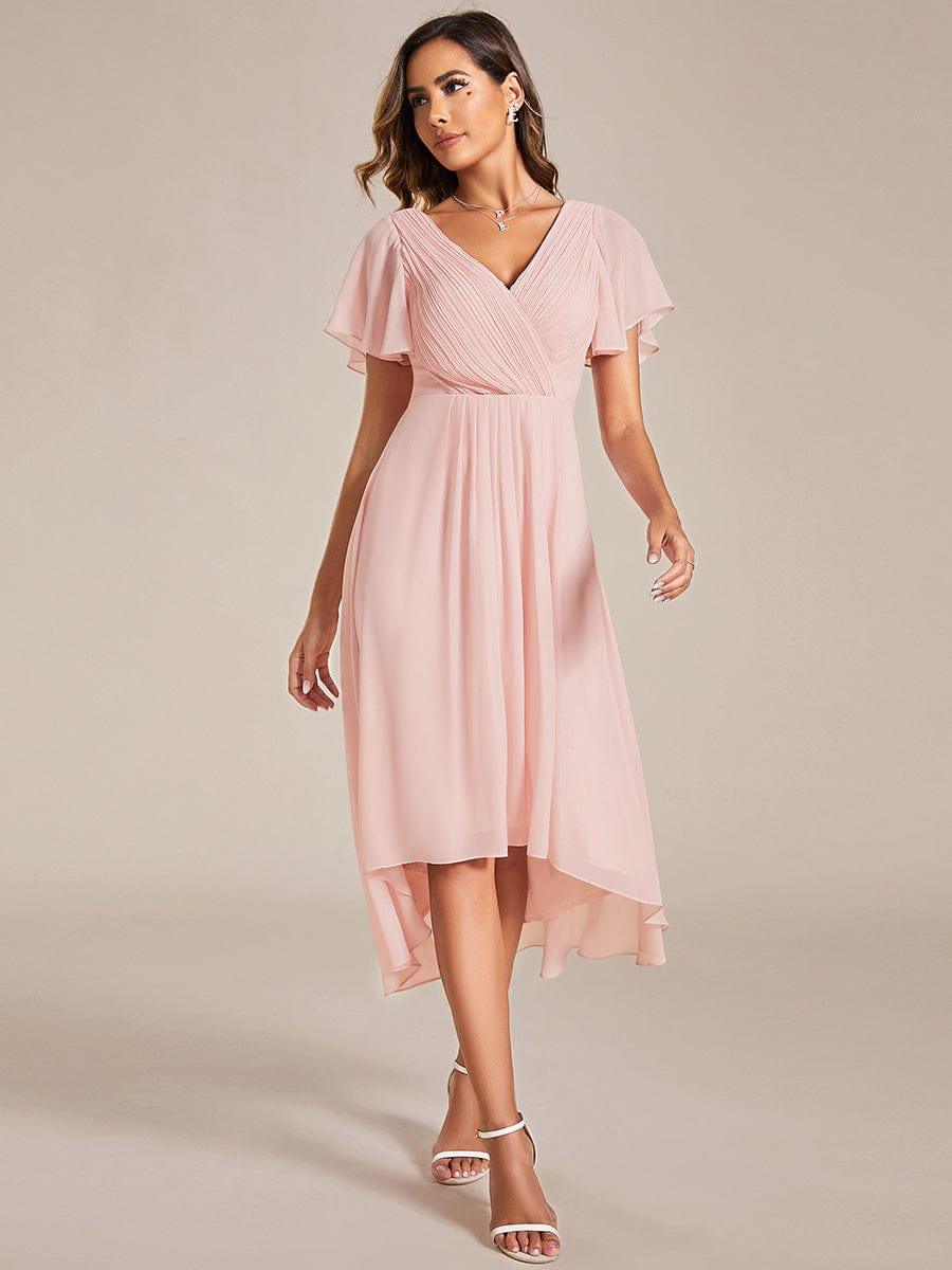 FAYE|Pleated Asymmetrical Hem Ruffles Sleeve Chiffon Bridesmaid Dress