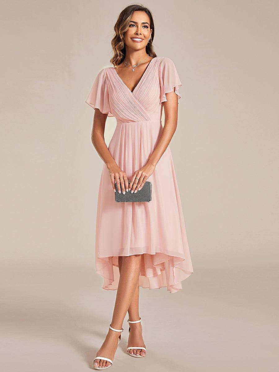FAYE|Pleated Asymmetrical Hem Ruffles Sleeve Chiffon Bridesmaid Dress