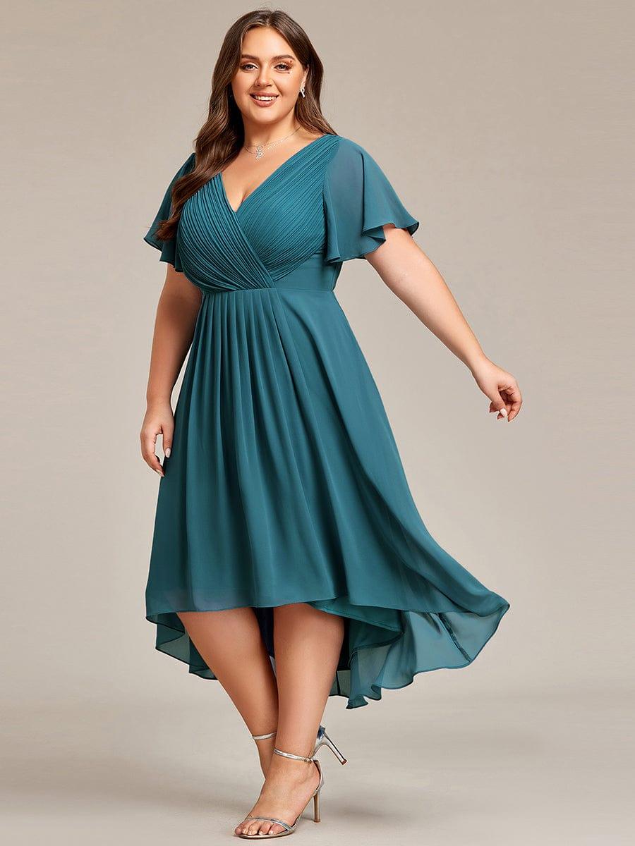 FAYE|Pleated Asymmetrical Hem Ruffles Sleeve Chiffon Bridesmaid Dress