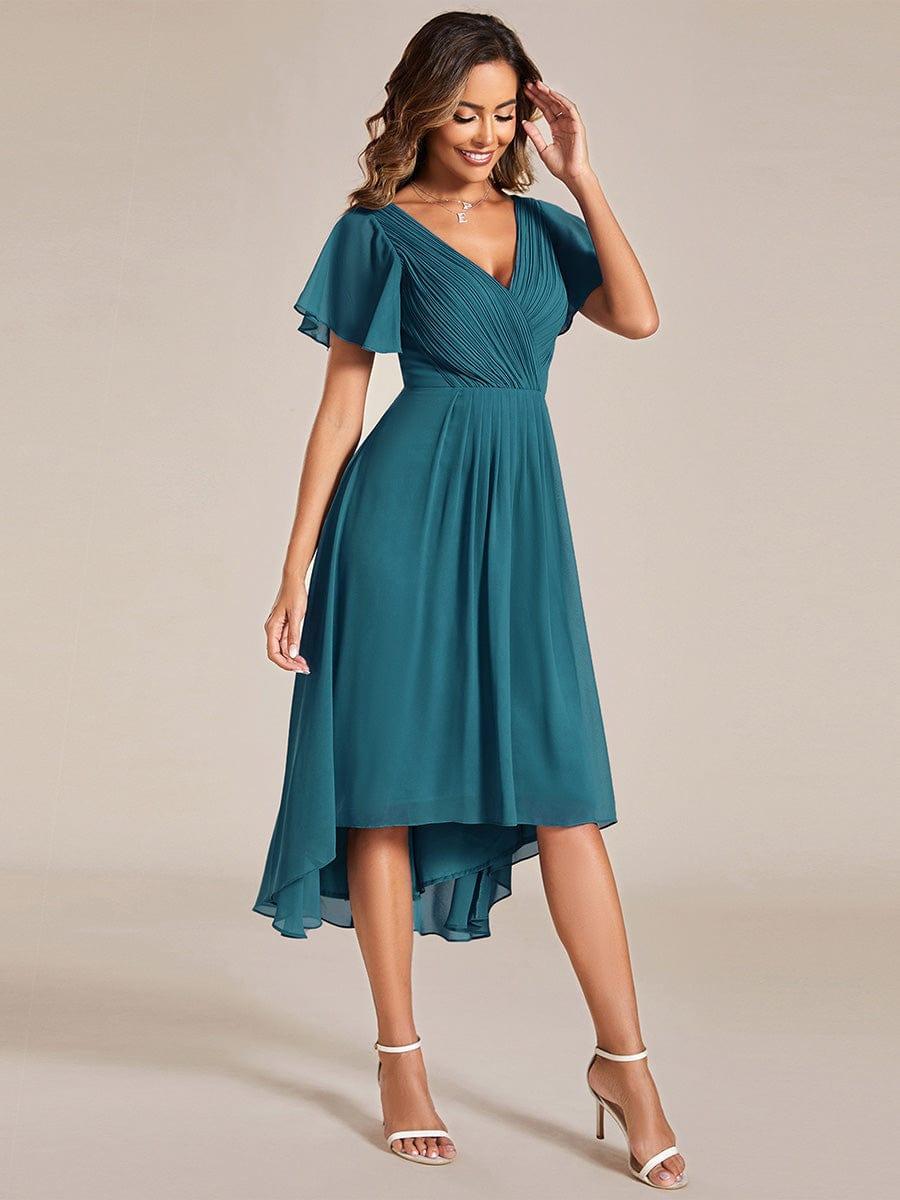 FAYE|Pleated Asymmetrical Hem Ruffles Sleeve Chiffon Bridesmaid Dress