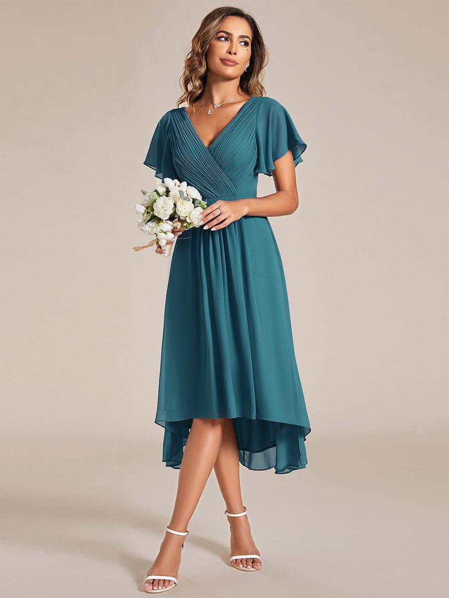 FAYE|Pleated Asymmetrical Hem Ruffles Sleeve Chiffon Bridesmaid Dress
