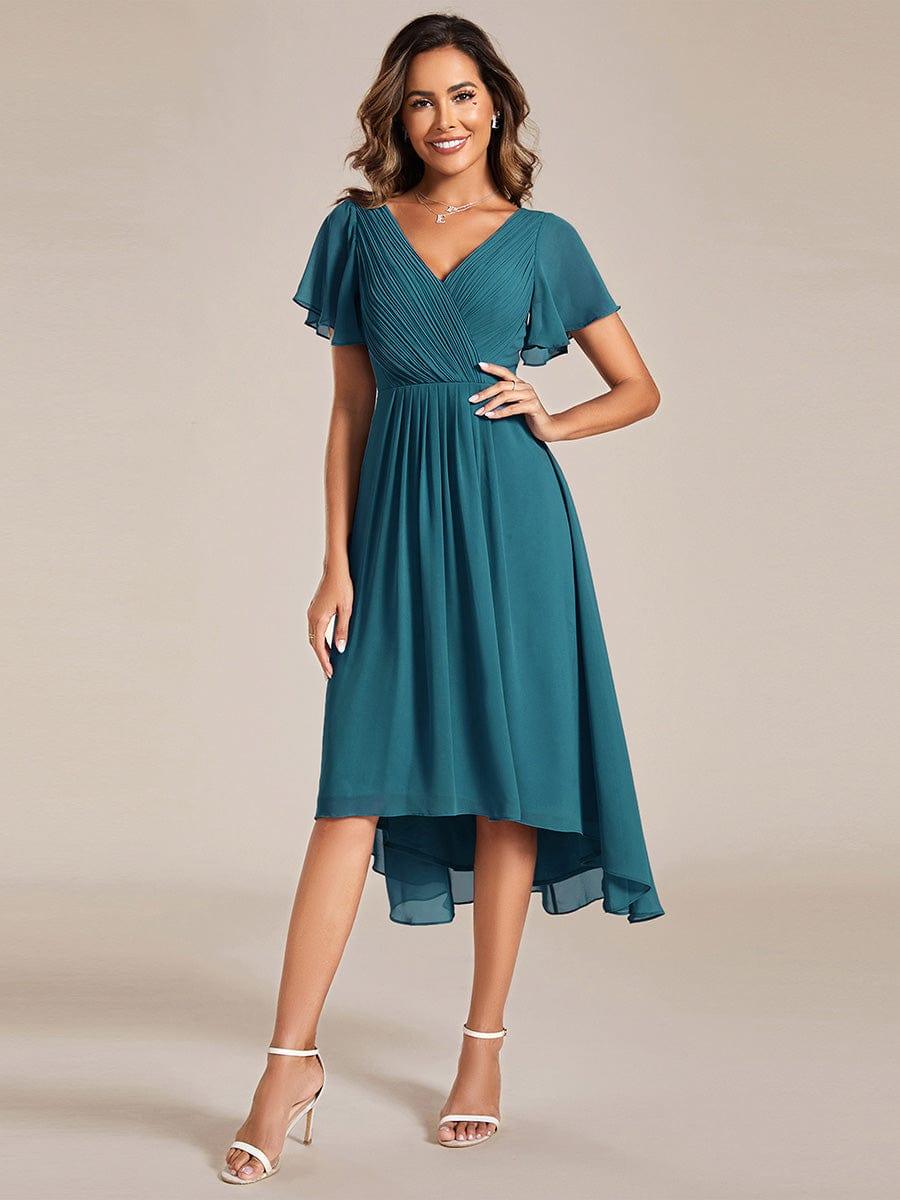 FAYE|Pleated Asymmetrical Hem Ruffles Sleeve Chiffon Bridesmaid Dress