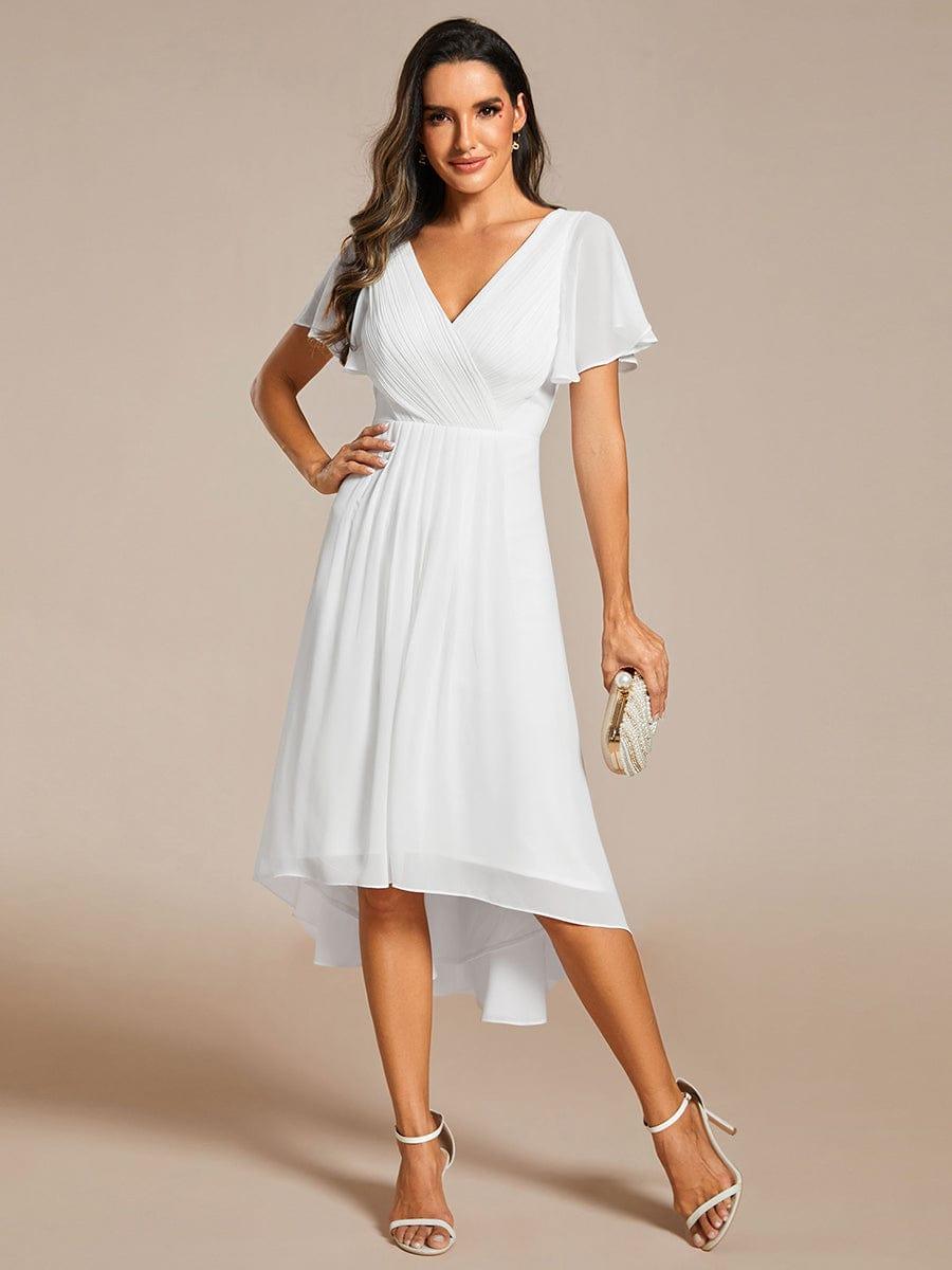 FAYE|Pleated Asymmetrical Hem Ruffles Sleeve Chiffon Bridesmaid Dress