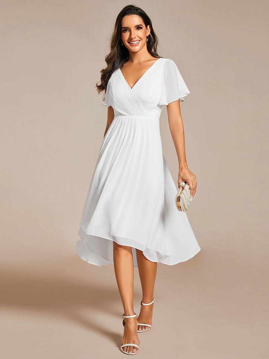 FAYE|Pleated Asymmetrical Hem Ruffles Sleeve Chiffon Bridesmaid Dress