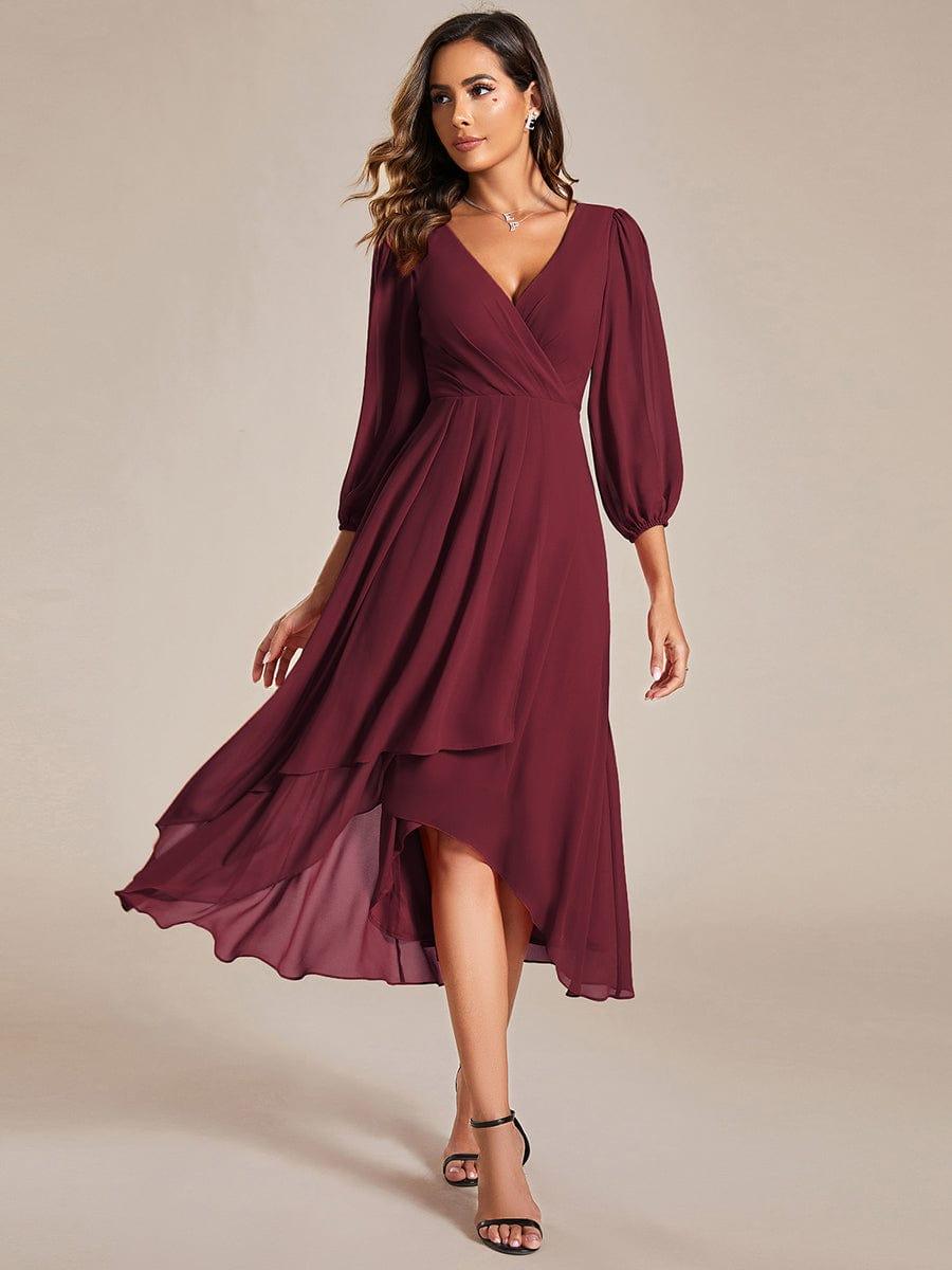 BRIAR|3/4 Sleeves Asymmetrical Hem A-Line Midi Bridesmaid Dress