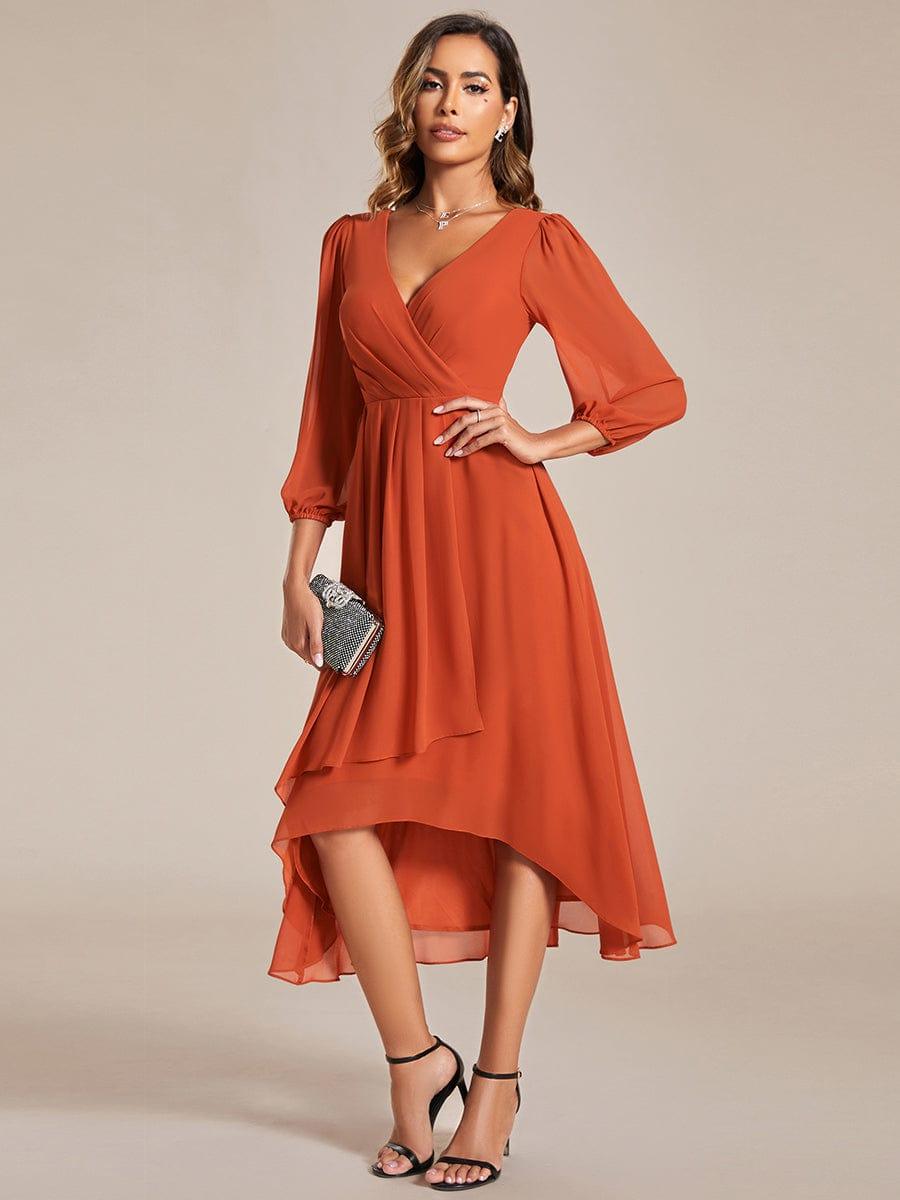 BRIAR|3/4 Sleeves Asymmetrical Hem A-Line Midi Bridesmaid Dress