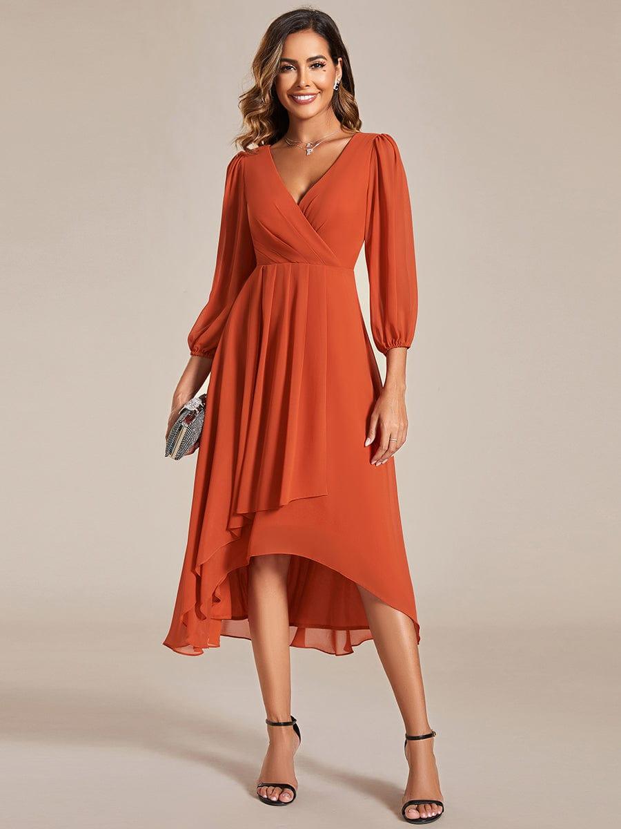 BRIAR|3/4 Sleeves Asymmetrical Hem A-Line Midi Bridesmaid Dress